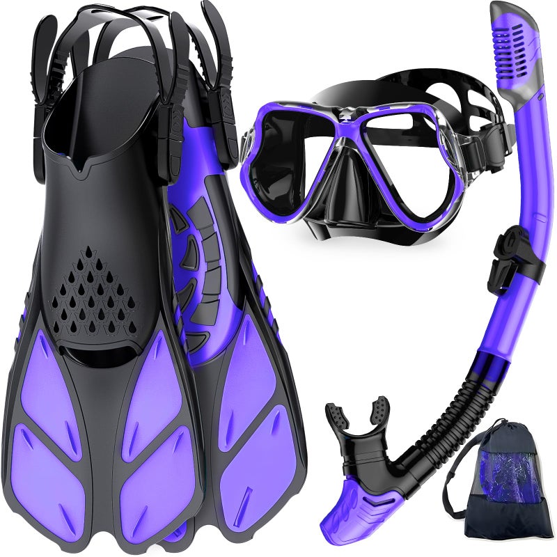 Zenoplige Mask Fins Snorkel Set, Snorkeling Gear for Adults, Panoramic View Snorkel Mask Anti-Fog, Adjustable Dive Flippers, Dry Top Snorkel and Travel Bag, Scuba Gear for Swimming Snorkeling Diving - Image 1